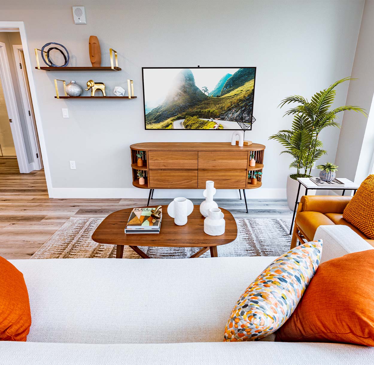 Living room in a 1250 Lakeside apartment.